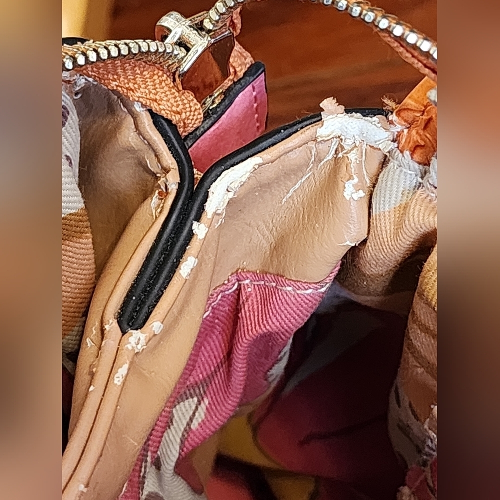 Guess Patchwork Satchel Tote Bag Pink Orange Quilted Logo - Picture 15 of 16
